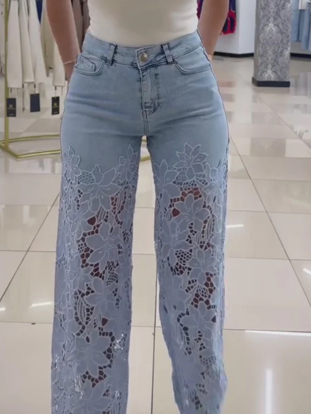 High-Rise Light Blue Lace Panel Wide-Leg Jeans Size L